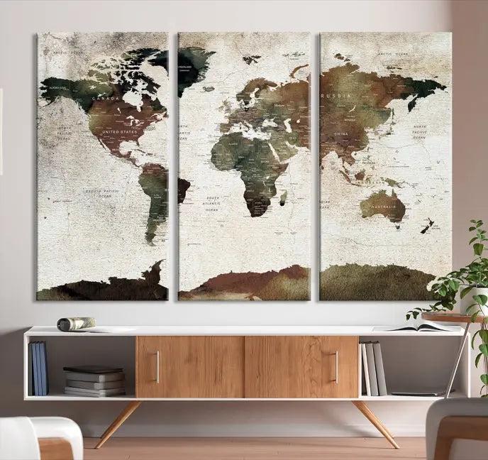 Display the "World Map Push Pin Canvas Print," crafted on museum-quality canvas with a UV-protective coating, in this stylish living room setting.