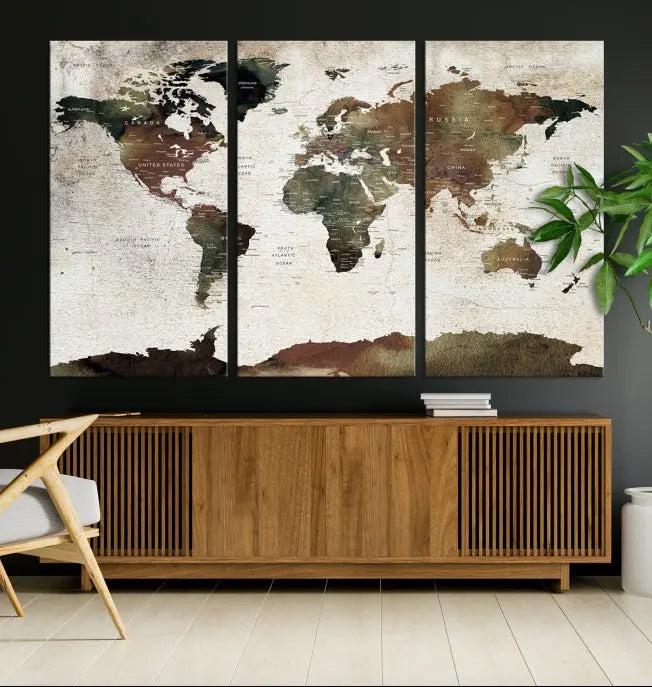 Display the "World Map Push Pin Canvas Print," crafted on museum-quality canvas with a UV-protective coating, in this stylish living room setting.