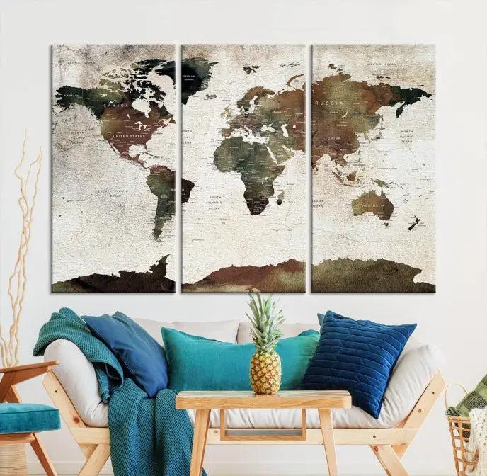 Display the "World Map Push Pin Canvas Print," crafted on museum-quality canvas with a UV-protective coating, in this stylish living room setting.