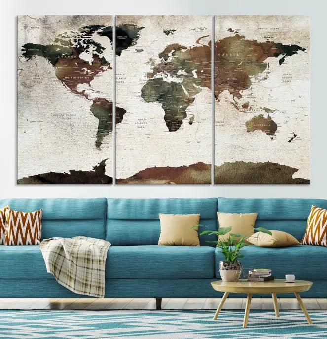 Display the "World Map Push Pin Canvas Print," crafted on museum-quality canvas with a UV-protective coating, in this stylish living room setting.