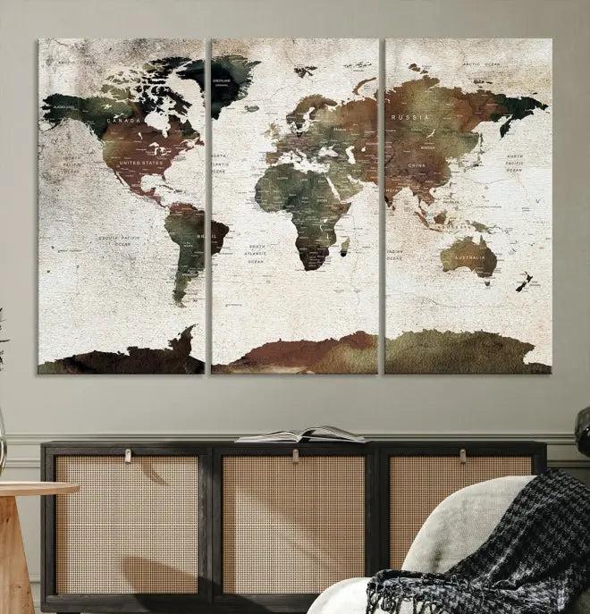 Display the "World Map Push Pin Canvas Print," crafted on museum-quality canvas with a UV-protective coating, in this stylish living room setting.