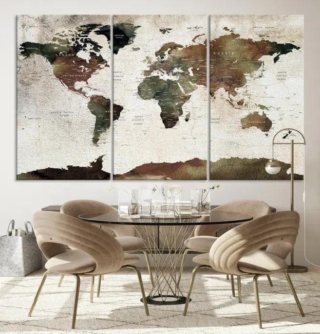 Display the "World Map Push Pin Canvas Print," crafted on museum-quality canvas with a UV-protective coating, in this stylish living room setting.