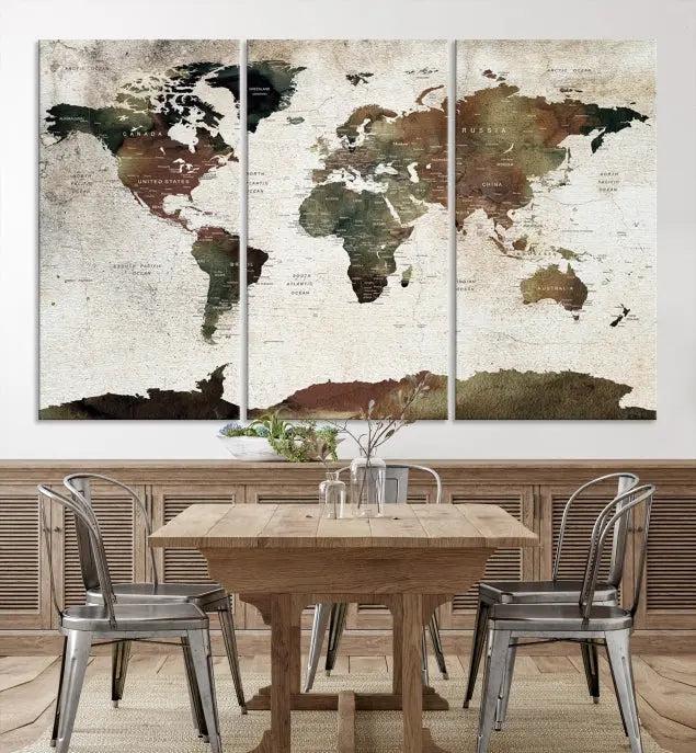 Display the "World Map Push Pin Canvas Print," crafted on museum-quality canvas with a UV-protective coating, in this stylish living room setting.