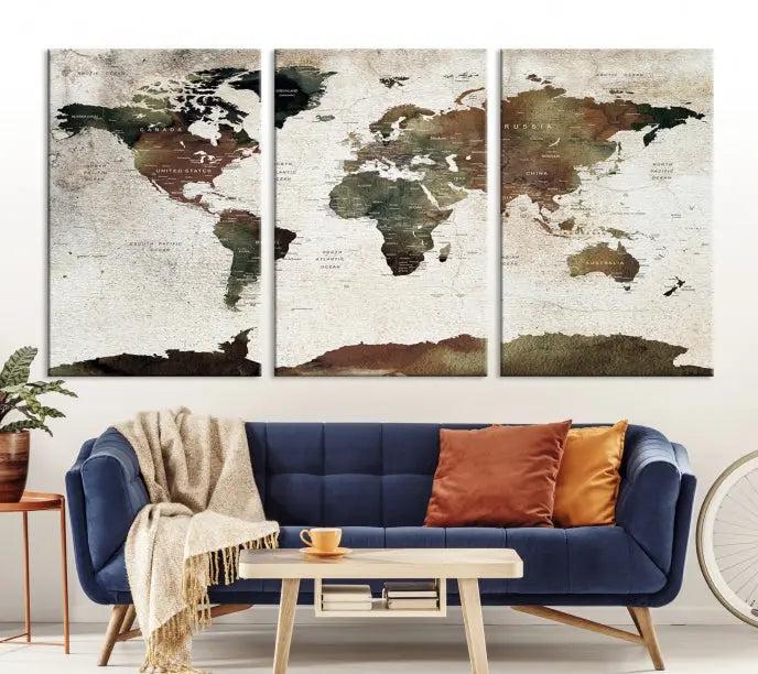 Display the "World Map Push Pin Canvas Print," crafted on museum-quality canvas with a UV-protective coating, in this stylish living room setting.