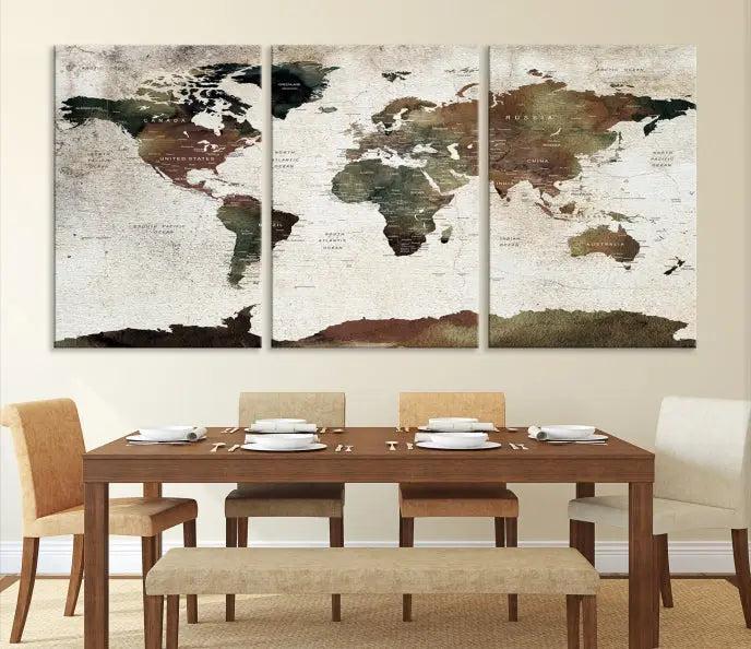 Display the "World Map Push Pin Canvas Print," crafted on museum-quality canvas with a UV-protective coating, in this stylish living room setting.