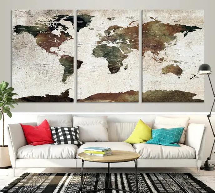 Display the "World Map Push Pin Canvas Print," crafted on museum-quality canvas with a UV-protective coating, in this stylish living room setting.