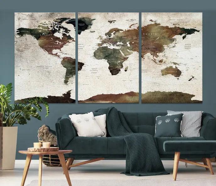 Display the "World Map Push Pin Canvas Print," crafted on museum-quality canvas with a UV-protective coating, in this stylish living room setting.