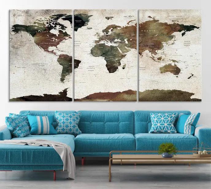 Display the "World Map Push Pin Canvas Print," crafted on museum-quality canvas with a UV-protective coating, in this stylish living room setting.