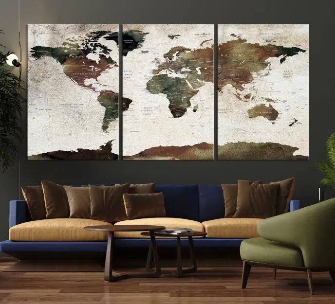 Display the "World Map Push Pin Canvas Print," crafted on museum-quality canvas with a UV-protective coating, in this stylish living room setting.