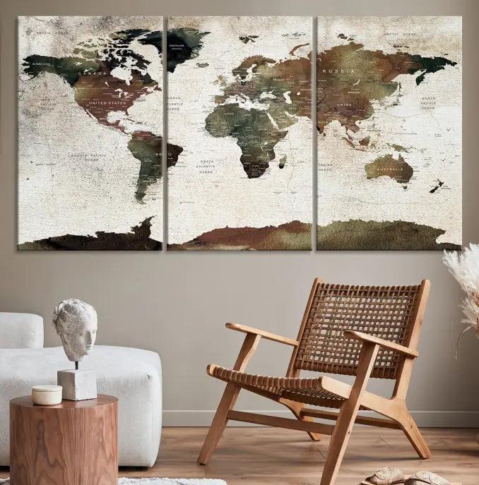 Display the "World Map Push Pin Canvas Print," crafted on museum-quality canvas with a UV-protective coating, in this stylish living room setting.