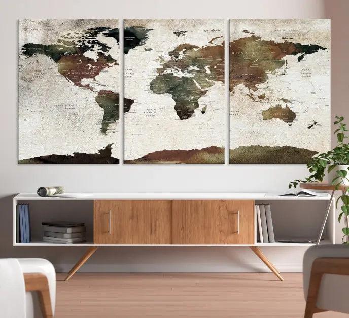 Display the "World Map Push Pin Canvas Print," crafted on museum-quality canvas with a UV-protective coating, in this stylish living room setting.