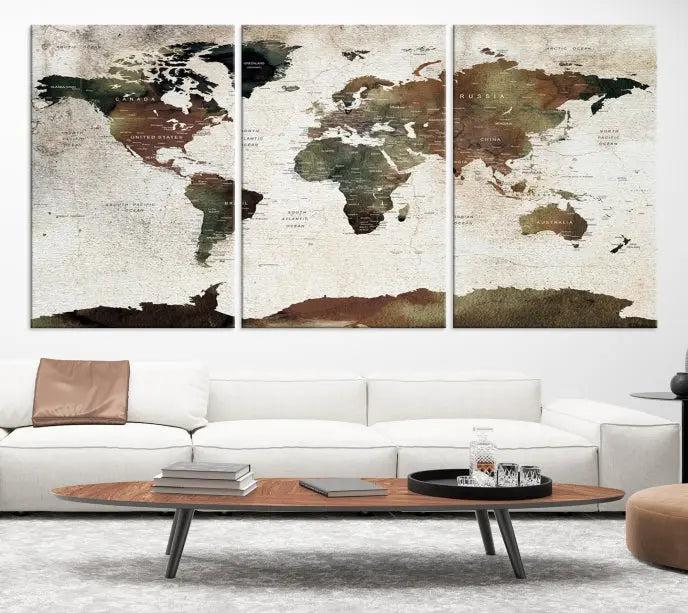 Display the "World Map Push Pin Canvas Print," crafted on museum-quality canvas with a UV-protective coating, in this stylish living room setting.