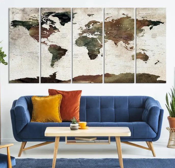 Display the "World Map Push Pin Canvas Print," crafted on museum-quality canvas with a UV-protective coating, in this stylish living room setting.