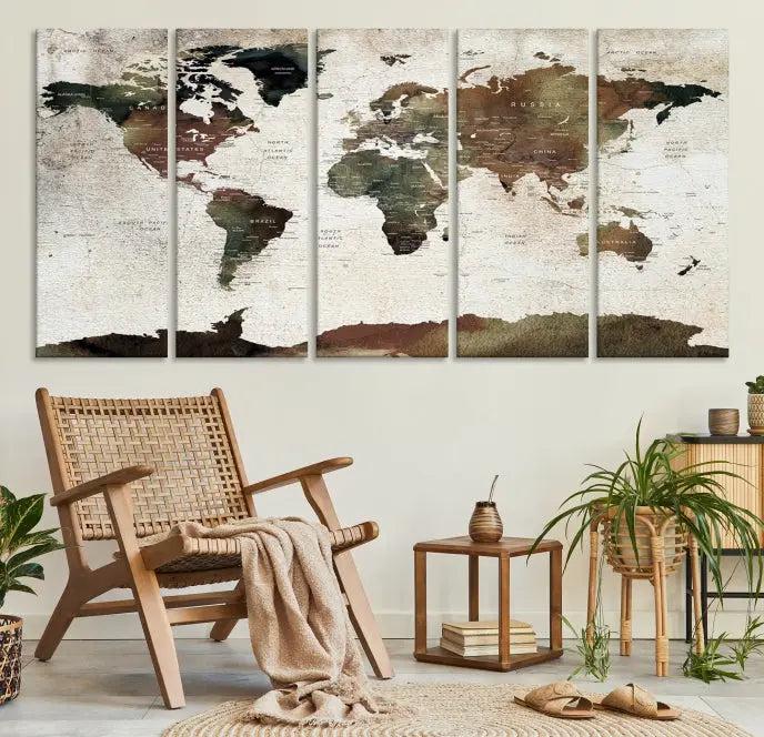 Display the "World Map Push Pin Canvas Print," crafted on museum-quality canvas with a UV-protective coating, in this stylish living room setting.