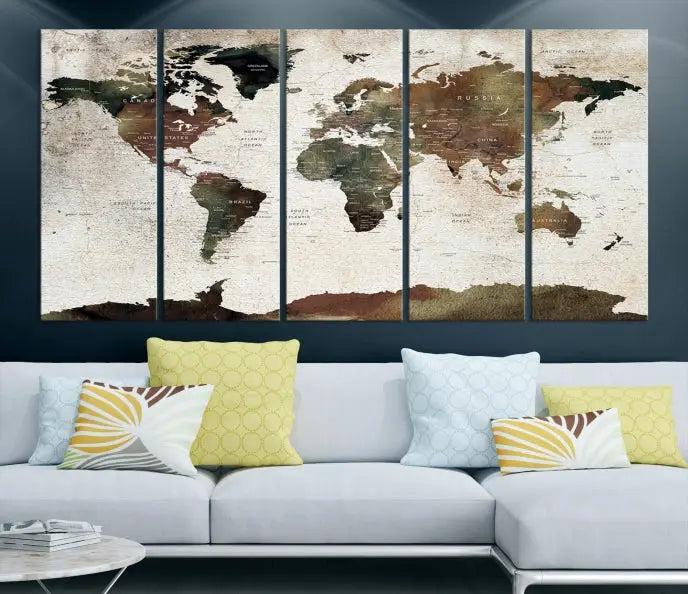 Display the "World Map Push Pin Canvas Print," crafted on museum-quality canvas with a UV-protective coating, in this stylish living room setting.