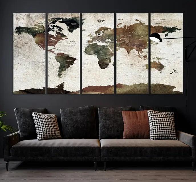 Display the "World Map Push Pin Canvas Print," crafted on museum-quality canvas with a UV-protective coating, in this stylish living room setting.