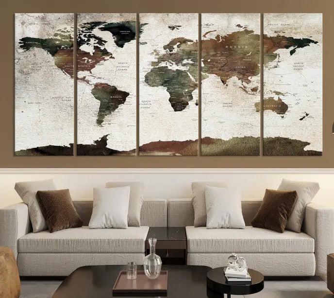 Display the "World Map Push Pin Canvas Print," crafted on museum-quality canvas with a UV-protective coating, in this stylish living room setting.