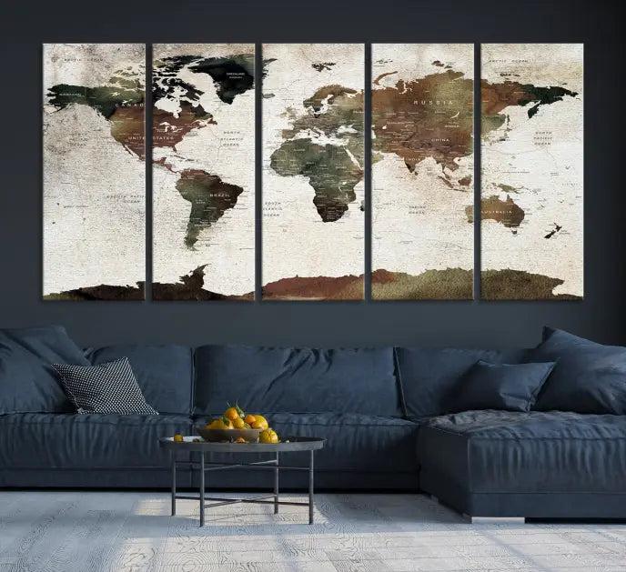 Display the "World Map Push Pin Canvas Print," crafted on museum-quality canvas with a UV-protective coating, in this stylish living room setting.