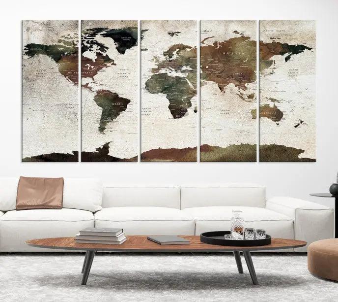 Display the "World Map Push Pin Canvas Print," crafted on museum-quality canvas with a UV-protective coating, in this stylish living room setting.