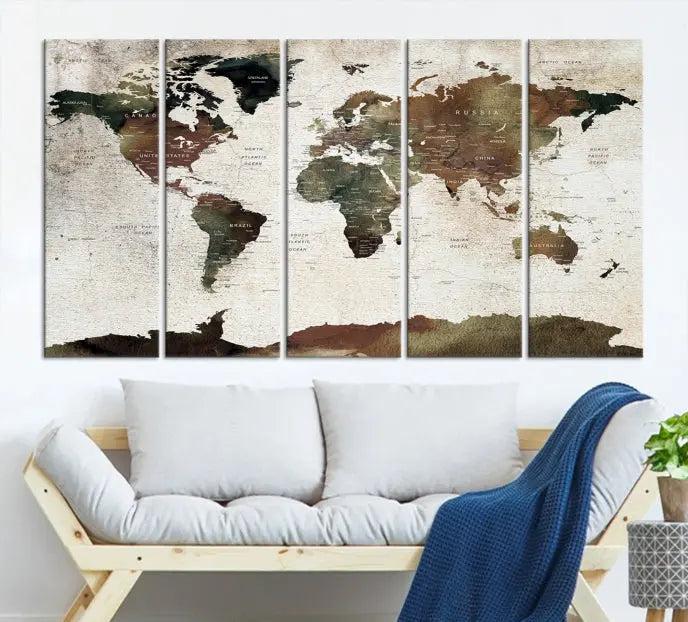 Display the "World Map Push Pin Canvas Print," crafted on museum-quality canvas with a UV-protective coating, in this stylish living room setting.