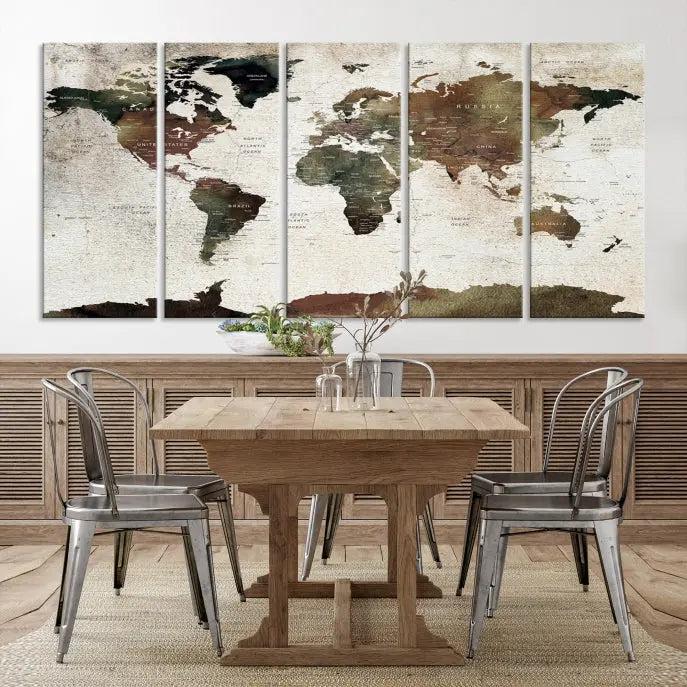 Display the "World Map Push Pin Canvas Print," crafted on museum-quality canvas with a UV-protective coating, in this stylish living room setting.