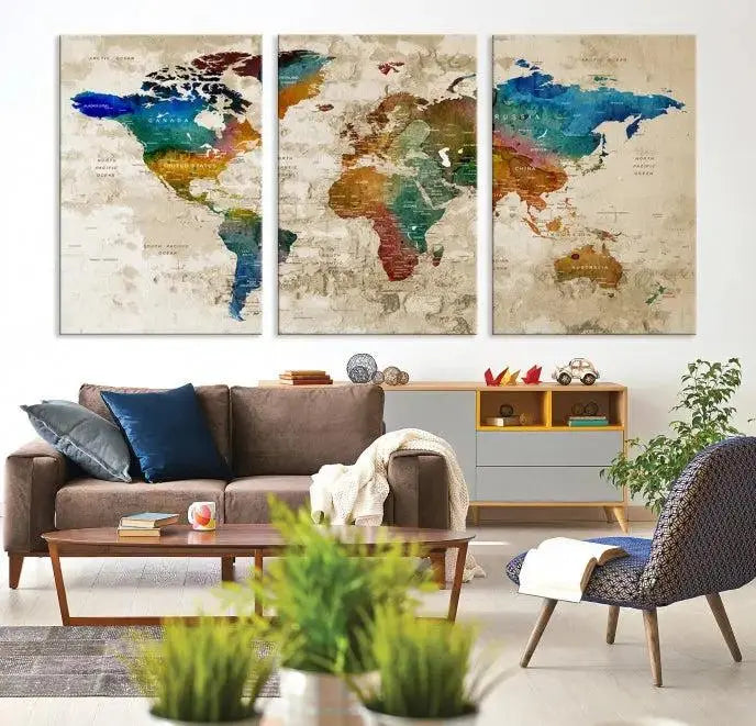 The living room features a Wall Art Printing World Map Push Pin Prints On Canvas triptych, contributing stylish elegance to any home.