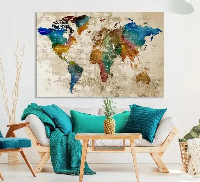 The living room features a Wall Art Printing World Map Push Pin Prints On Canvas triptych, contributing stylish elegance to any home.