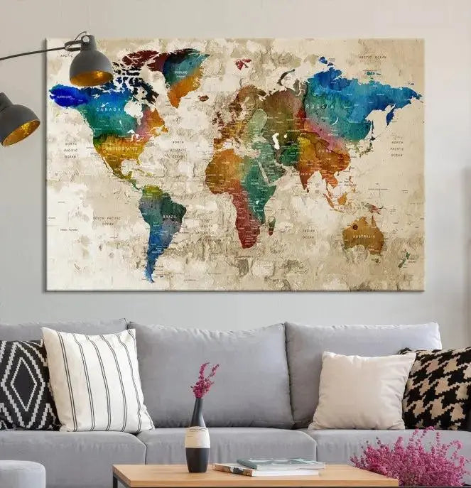 The living room features a Wall Art Printing World Map Push Pin Prints On Canvas triptych, contributing stylish elegance to any home.