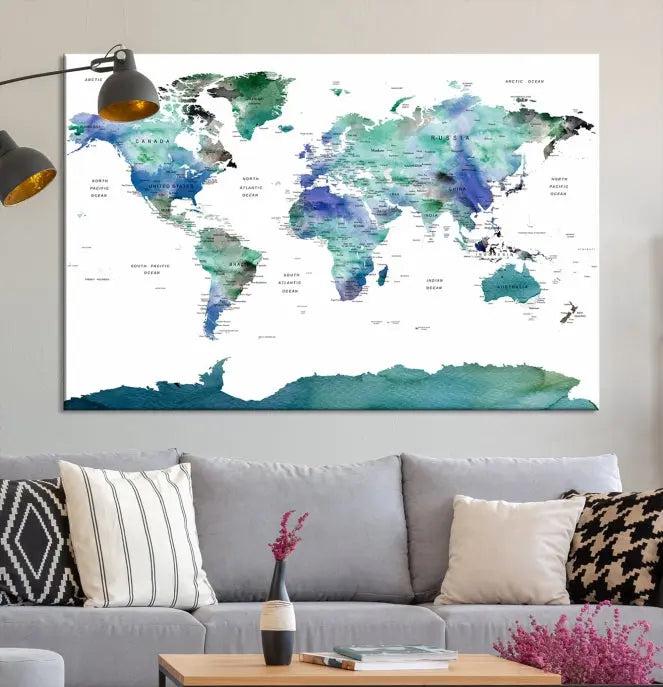 The "Wall Art Printing World Map Push Pin Prints On Canvas The Picture Travel World Map Pictures For" in shades of blue and green, elegantly displayed with a UV-protective coating, adorns the dark wall.