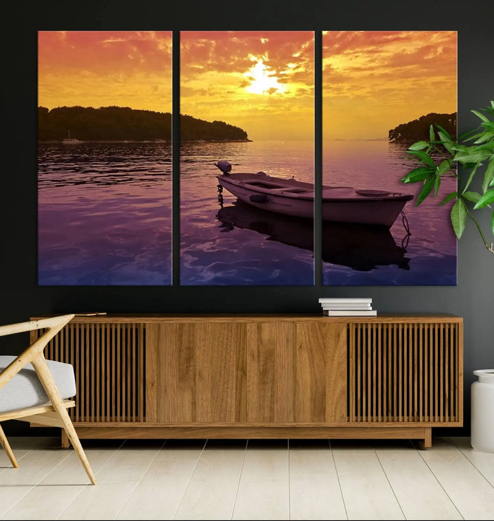 The wall art showcases a calming scene of a boat on water beneath a purple sea and yellow sky, featuring a museum-quality canvas print that's ready to hang.