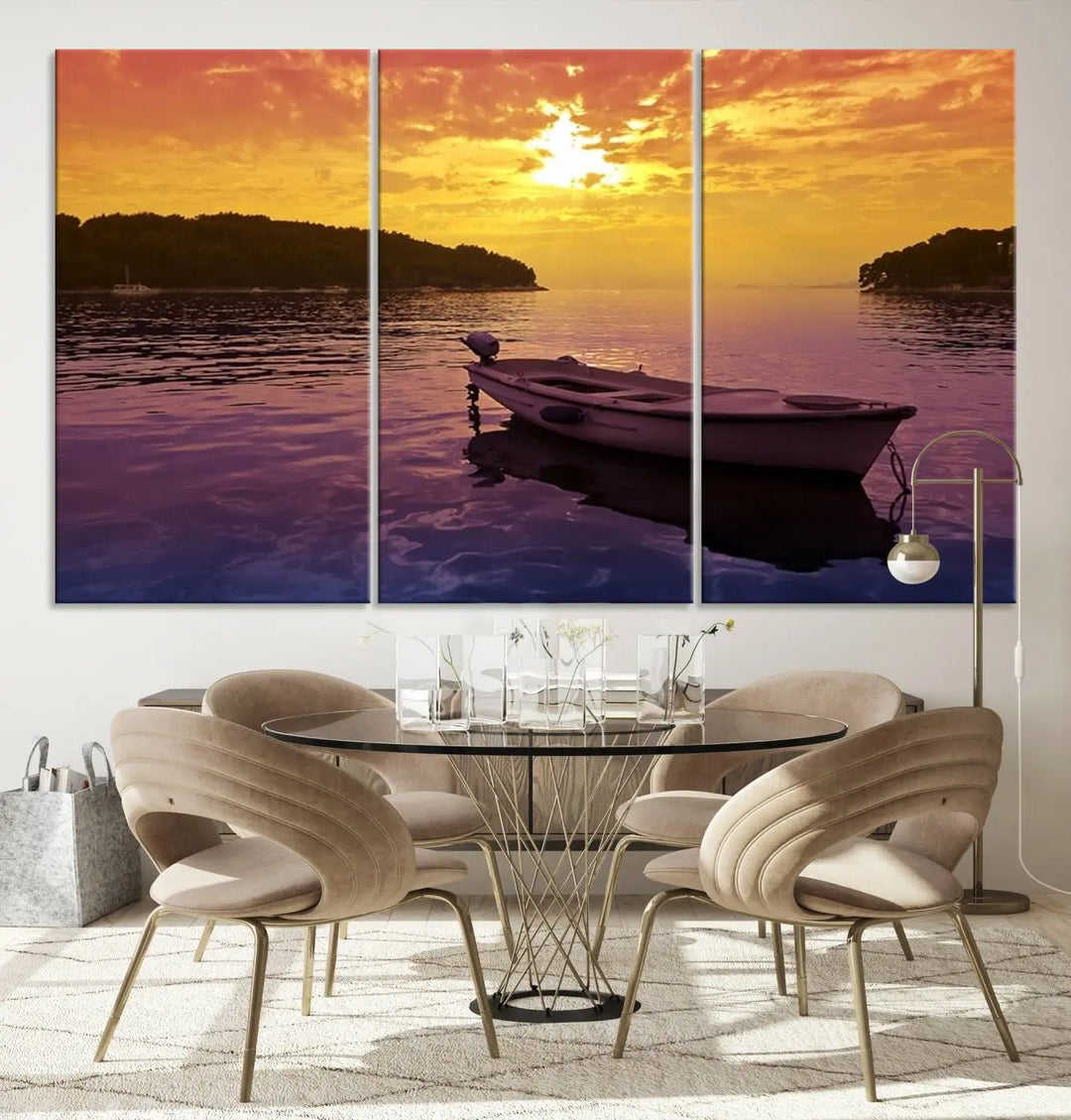 The wall art showcases a calming scene of a boat on water beneath a purple sea and yellow sky, featuring a museum-quality canvas print that's ready to hang.