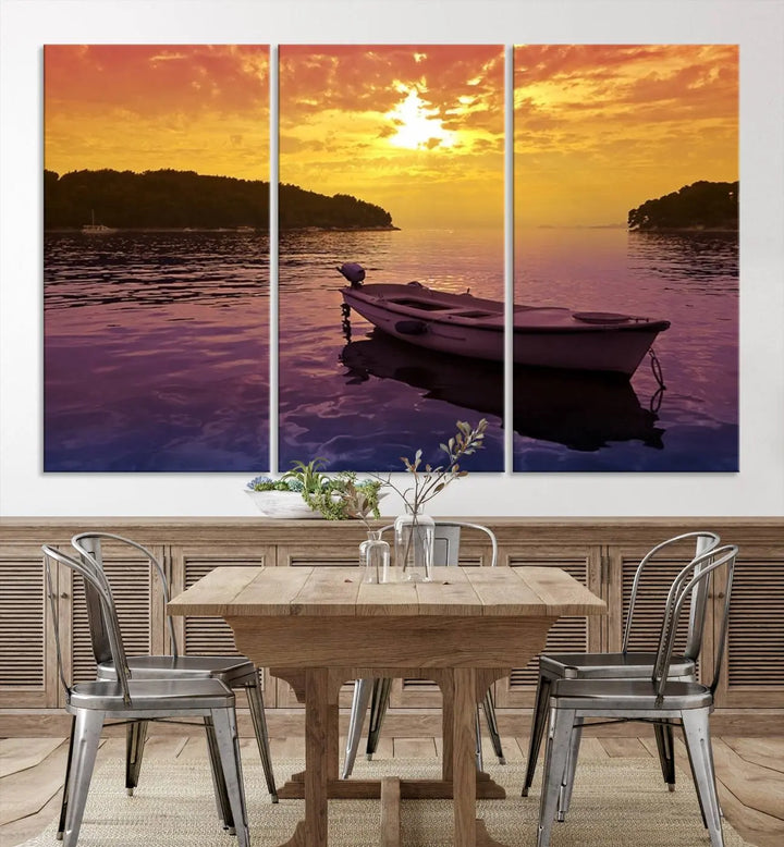 The wall art showcases a calming scene of a boat on water beneath a purple sea and yellow sky, featuring a museum-quality canvas print that's ready to hang.