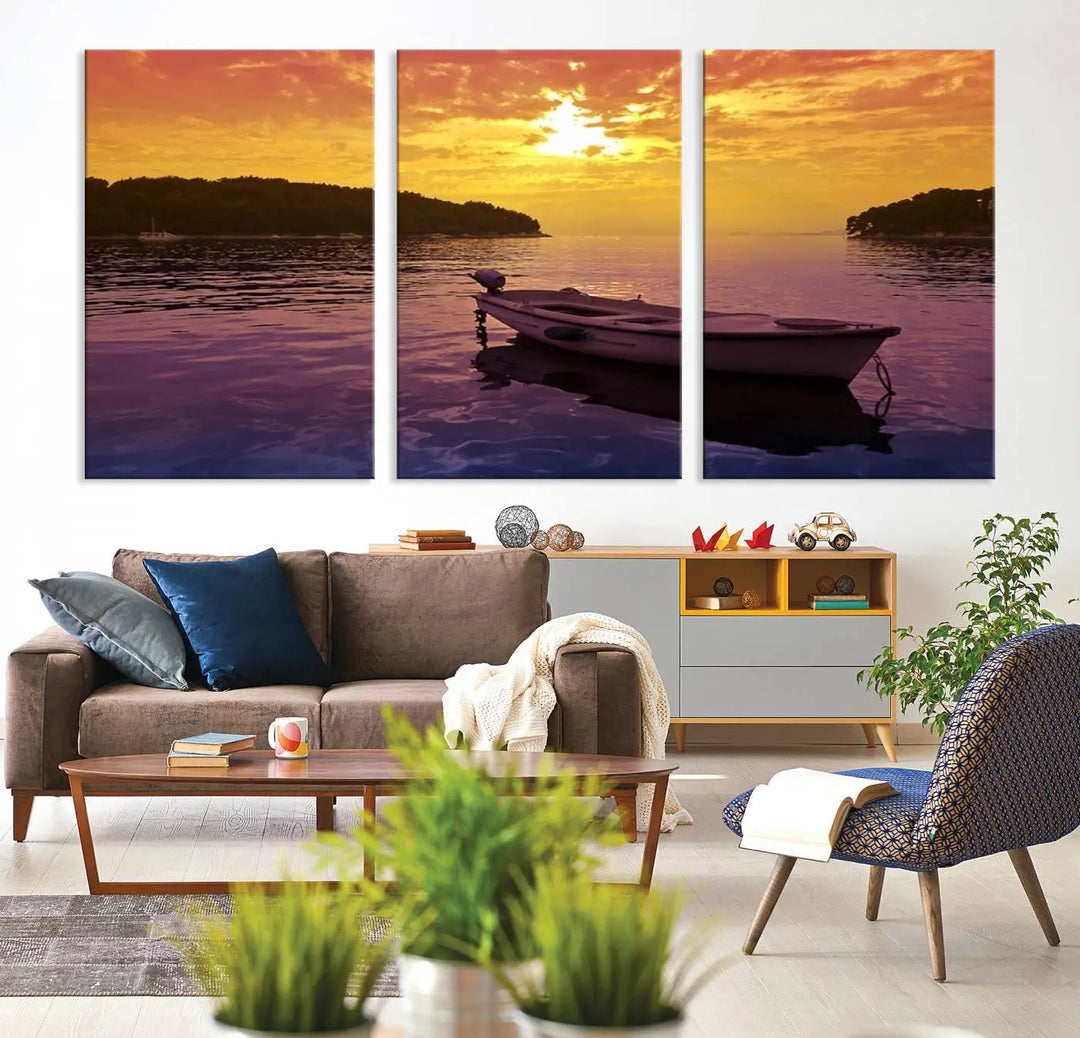 The wall art showcases a calming scene of a boat on water beneath a purple sea and yellow sky, featuring a museum-quality canvas print that's ready to hang.