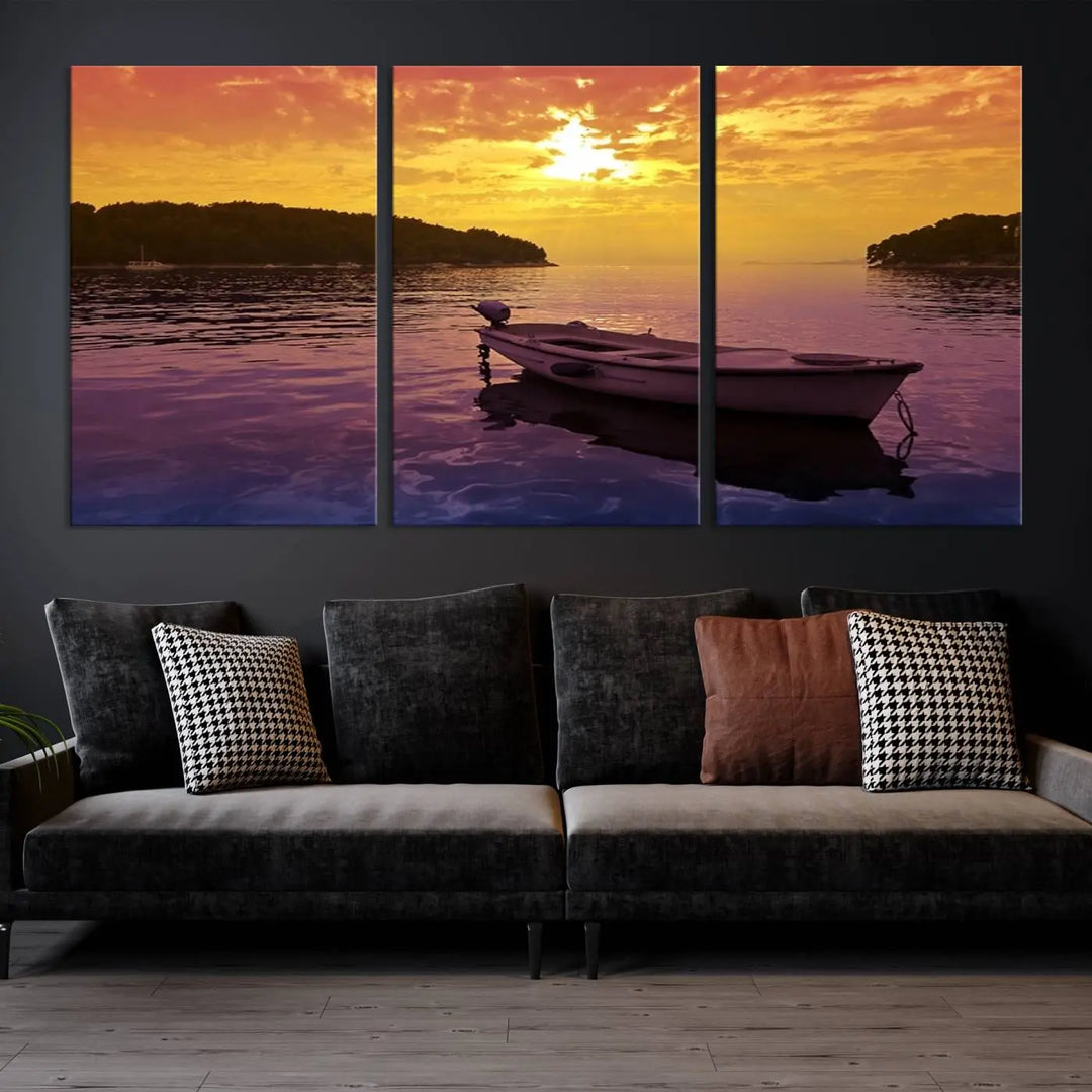 The wall art showcases a calming scene of a boat on water beneath a purple sea and yellow sky, featuring a museum-quality canvas print that's ready to hang.