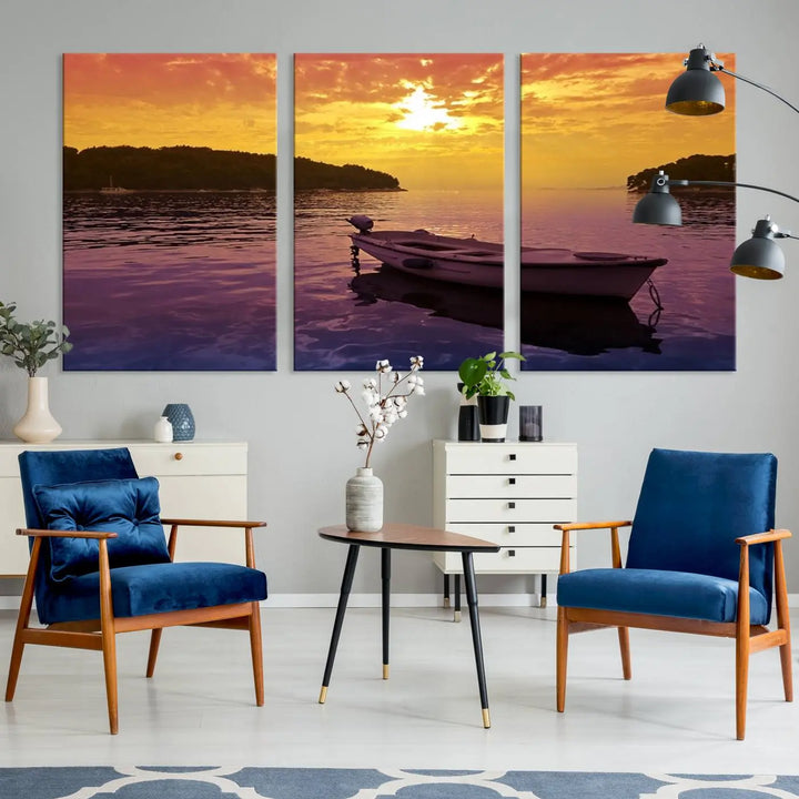 The wall art showcases a calming scene of a boat on water beneath a purple sea and yellow sky, featuring a museum-quality canvas print that's ready to hang.