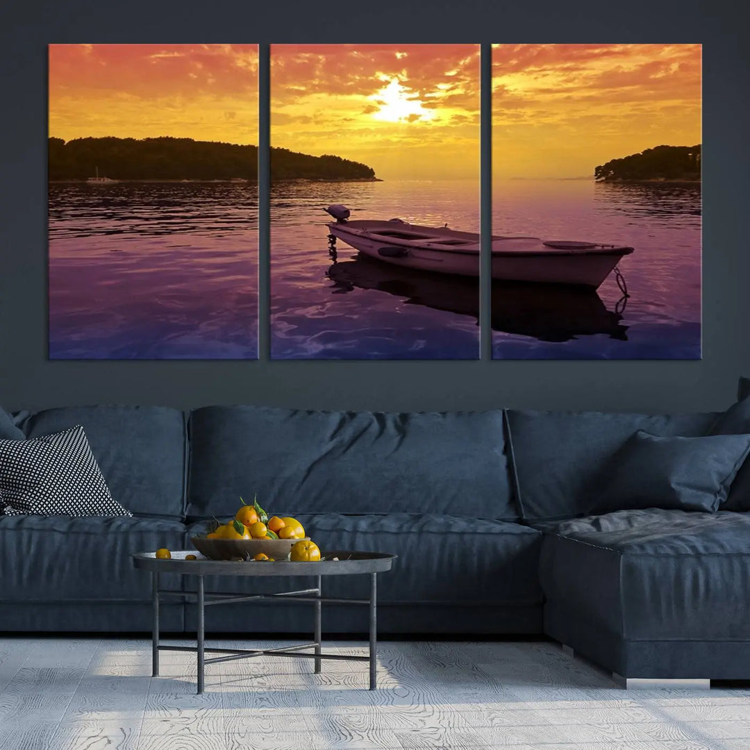 The wall art showcases a calming scene of a boat on water beneath a purple sea and yellow sky, featuring a museum-quality canvas print that's ready to hang.