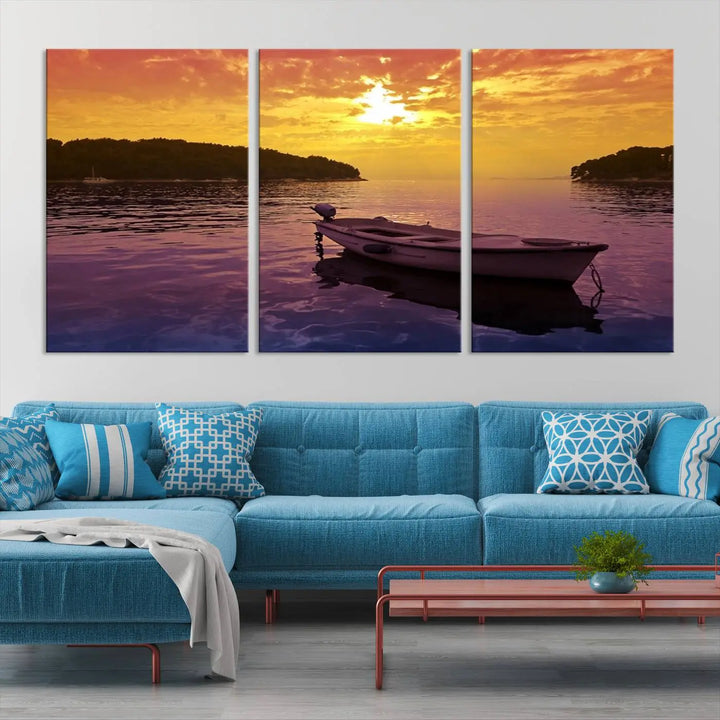 The wall art showcases a calming scene of a boat on water beneath a purple sea and yellow sky, featuring a museum-quality canvas print that's ready to hang.