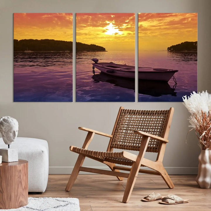 The wall art showcases a calming scene of a boat on water beneath a purple sea and yellow sky, featuring a museum-quality canvas print that's ready to hang.