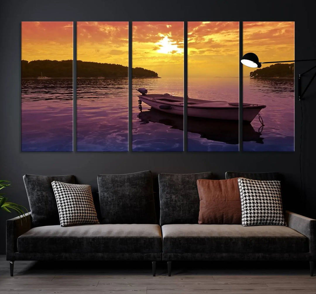 The wall art showcases a calming scene of a boat on water beneath a purple sea and yellow sky, featuring a museum-quality canvas print that's ready to hang.