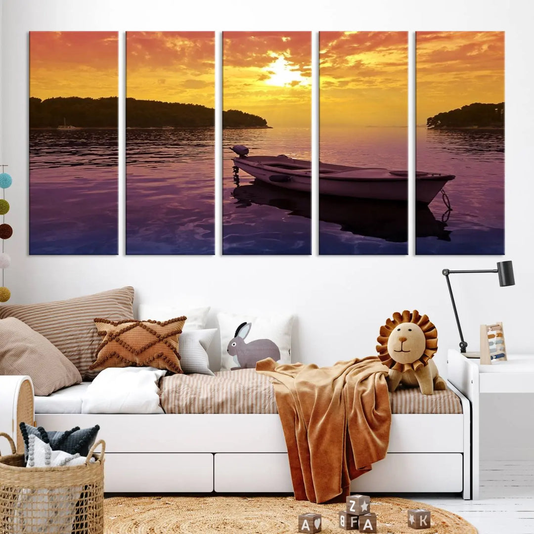 The wall art showcases a calming scene of a boat on water beneath a purple sea and yellow sky, featuring a museum-quality canvas print that's ready to hang.