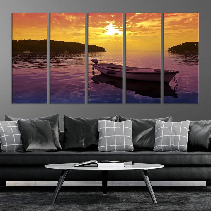 The wall art showcases a calming scene of a boat on water beneath a purple sea and yellow sky, featuring a museum-quality canvas print that's ready to hang.