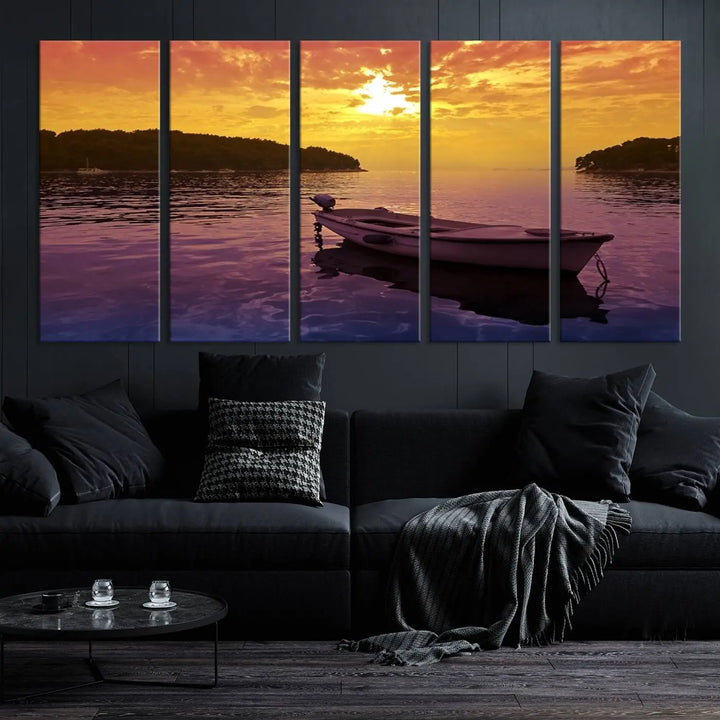 The wall art showcases a calming scene of a boat on water beneath a purple sea and yellow sky, featuring a museum-quality canvas print that's ready to hang.