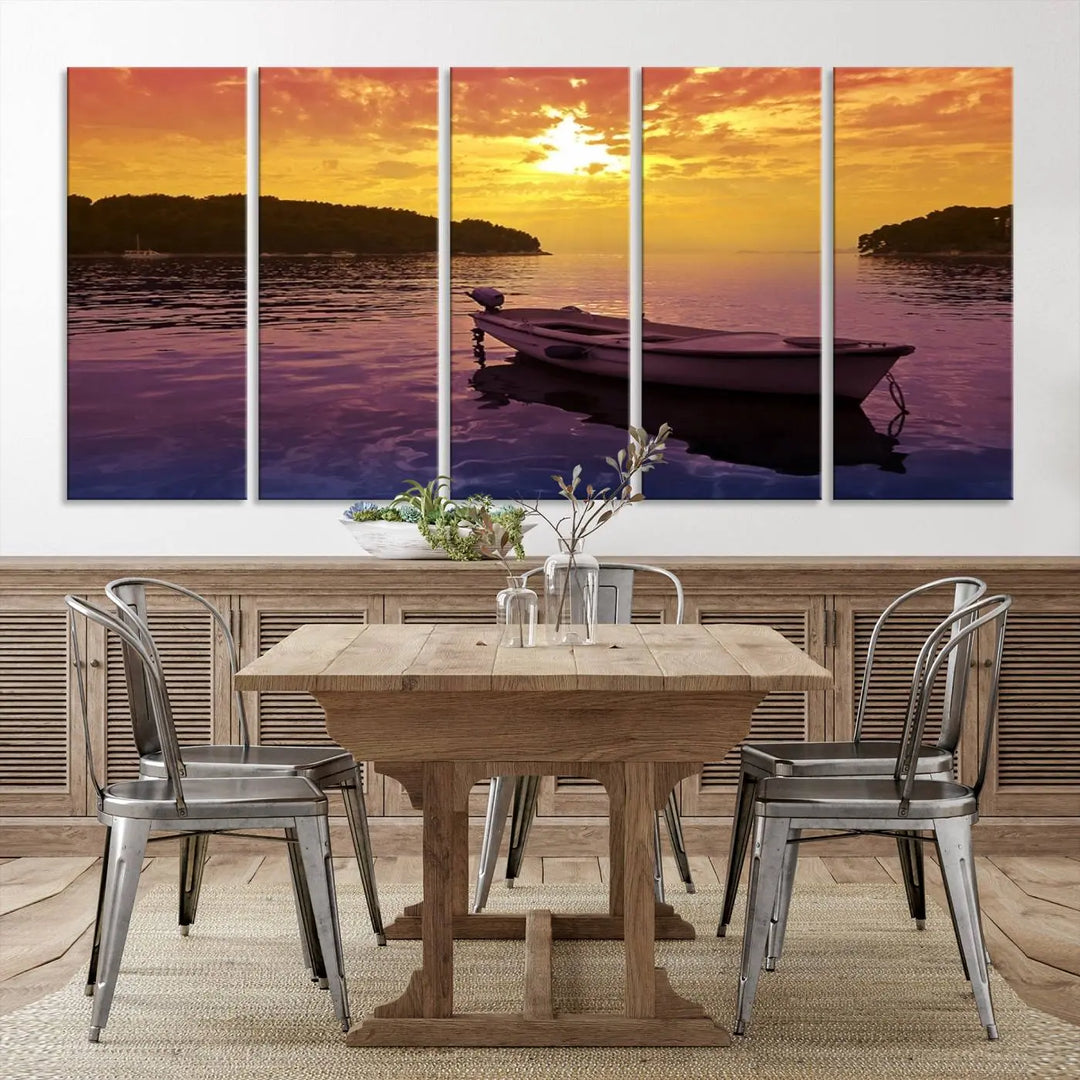 The wall art showcases a calming scene of a boat on water beneath a purple sea and yellow sky, featuring a museum-quality canvas print that's ready to hang.