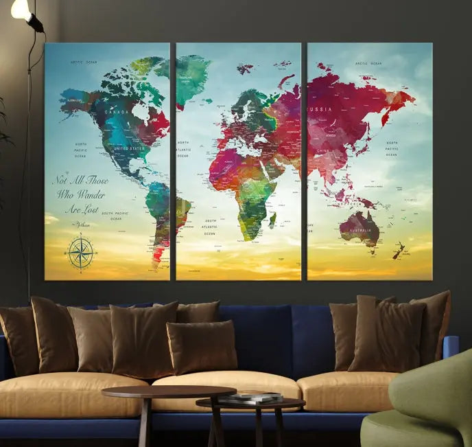 The "Wall Art Push Pin Personalized World Map Canvas Print" is a stunning three-panel piece crafted on museum-quality canvas with vibrant colors. It features a quote on the left panel, and all panels are gallery wrapped for an elegant finish. A UV-protective coating preserves their beauty.