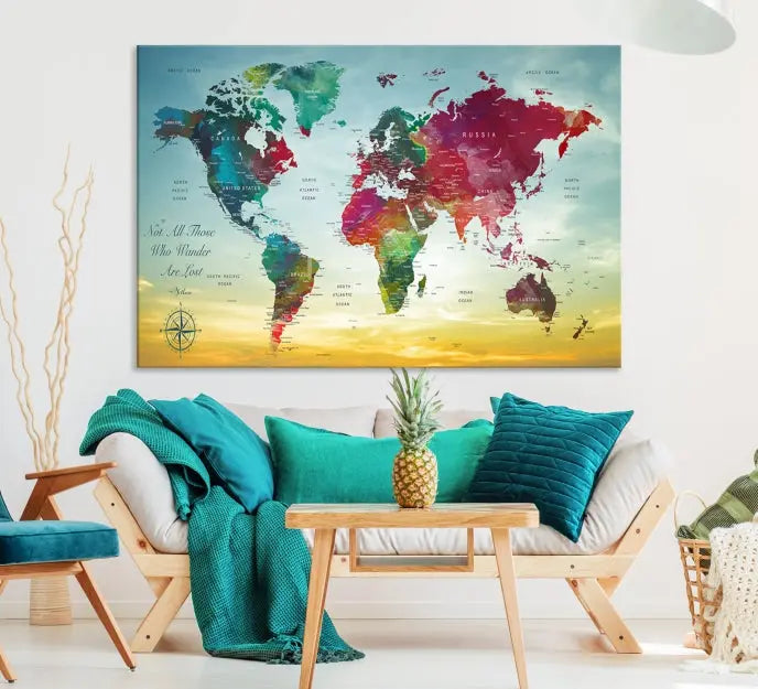 The "Wall Art Push Pin Personalized World Map Canvas Print" is a stunning three-panel piece crafted on museum-quality canvas with vibrant colors. It features a quote on the left panel, and all panels are gallery wrapped for an elegant finish. A UV-protective coating preserves their beauty.