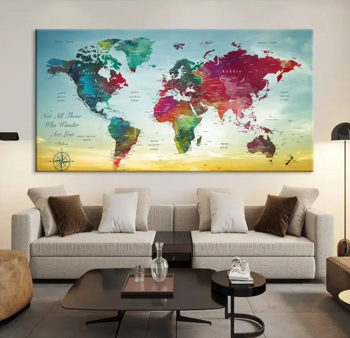 The "Wall Art Push Pin Personalized World Map Canvas Print" is a stunning three-panel piece crafted on museum-quality canvas with vibrant colors. It features a quote on the left panel, and all panels are gallery wrapped for an elegant finish. A UV-protective coating preserves their beauty.