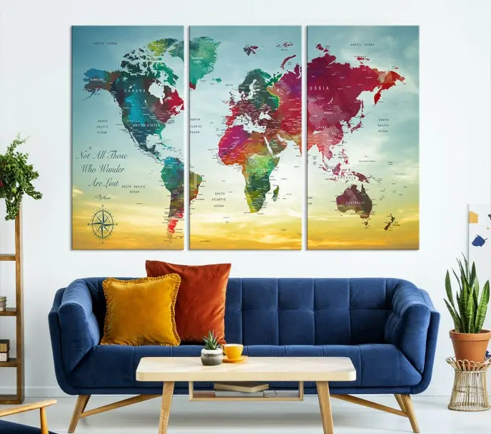 The "Wall Art Push Pin Personalized World Map Canvas Print" is a stunning three-panel piece crafted on museum-quality canvas with vibrant colors. It features a quote on the left panel, and all panels are gallery wrapped for an elegant finish. A UV-protective coating preserves their beauty.