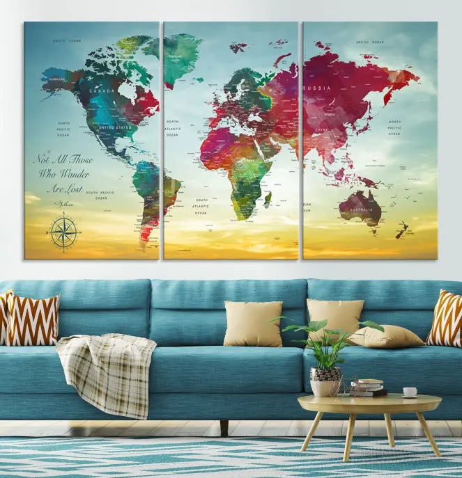 The "Wall Art Push Pin Personalized World Map Canvas Print" is a stunning three-panel piece crafted on museum-quality canvas with vibrant colors. It features a quote on the left panel, and all panels are gallery wrapped for an elegant finish. A UV-protective coating preserves their beauty.