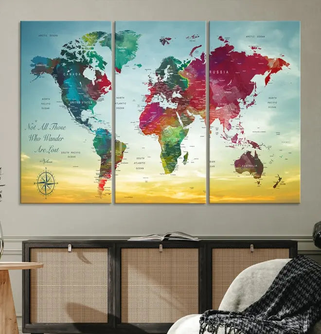 The "Wall Art Push Pin Personalized World Map Canvas Print" is a stunning three-panel piece crafted on museum-quality canvas with vibrant colors. It features a quote on the left panel, and all panels are gallery wrapped for an elegant finish. A UV-protective coating preserves their beauty.