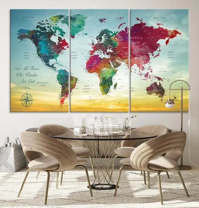 The "Wall Art Push Pin Personalized World Map Canvas Print" is a stunning three-panel piece crafted on museum-quality canvas with vibrant colors. It features a quote on the left panel, and all panels are gallery wrapped for an elegant finish. A UV-protective coating preserves their beauty.